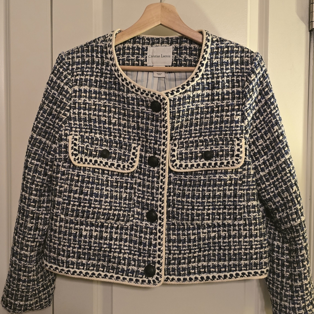 Christian Lacroix Navy & White Cropped Tweed Jacket